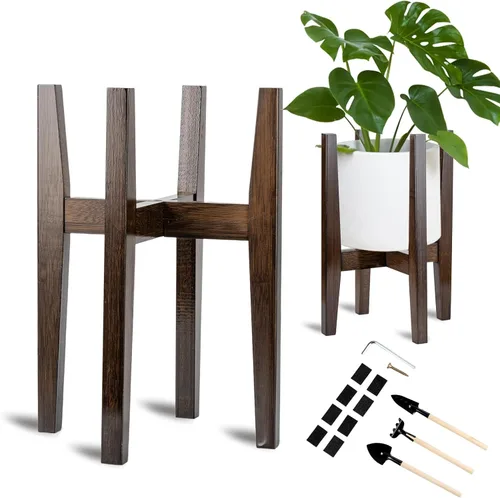 Miniatura 8 de Soporte ajustable de bambú para plantas de interior, estante moderno para flores con compatibilidad de maceta de 8 a 12 pulgadas, diseño de esquina