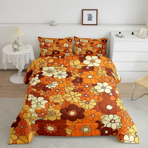 Miniatura 4 de Juego de ropa de cama con estampado floral bohemio, tamaño individual, diseño retro de flores groovy, 60S y 70S, juego de edredón de flores hippie