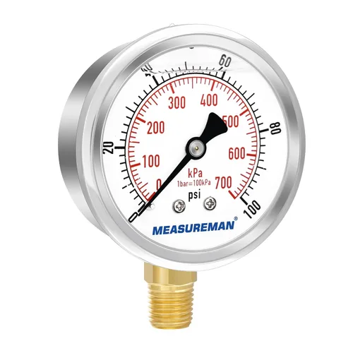 Miniatura 4 de MEASUREMAN Medidor de presión relleno de líquido de 0-100 psi/kpa con adaptador de manómetro de latón 1/4NPT hembra, 2-1/2 OAL x 1-2/5 "x 1/8" sonda