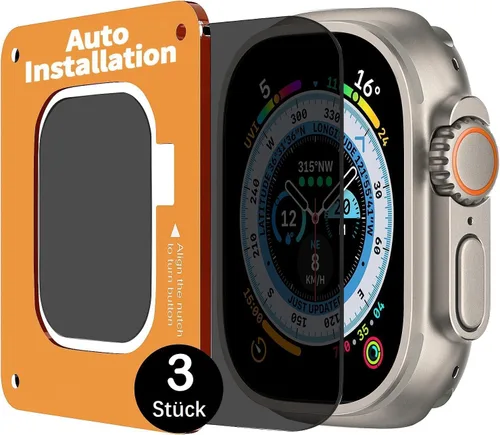 Smiling Paquete de 3 protectores de pantalla compatibles con Apple Watch Ultra 3 (2025)/ Ultra 2/Ultra 49mm y marco de instalación automática,