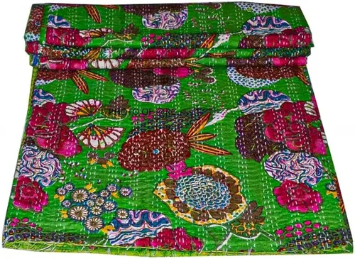 Miniatura 17 de Manta Kantha de retazos bohemios, manta de cama bohemia tamaño King, colcha Kantha con estampado de frutas, funda de cama Kantha hecha a mano Beige