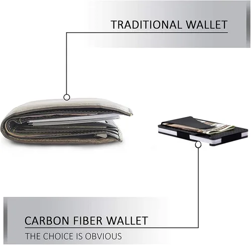 Miniatura 5 de Billetera de fibra de carbono con clip para dinero de metal, bloqueo RFID, minimalista, de aluminio, delgado, para tarjetas de crédito, Negro