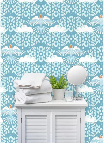 Miniatura 8 de Spoonflower Papel pintado de grado comercial Swatch - Cielo Azul Arte Popular Naranja Aqua Maximalista Magia Lucid Soñar Escandi Escandinavo Místico