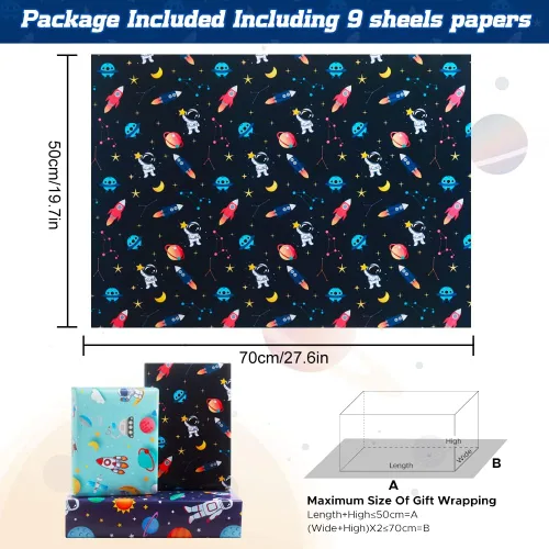 Miniatura 2 de Papel de regalo de cumpleaños para niños, niñas, niños, mujeres y hombres, papel de regalo con diseño de espacio exterior, 3 diseños, 9 hojas