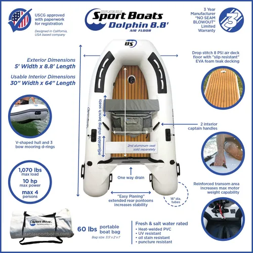 Miniatura 2 de Dolphin - Barco de pesca de 8.8 pies con PVC soldado con calor duradero - Barco inflable fácil de instalar y ligero - Compatibilidad con motor de 10