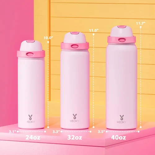 Miniatura 2 de Botella de agua aislada de 24 onzas para deportes: Meoky Botella de agua de acero inoxidable con pajita 2 en 1 y tapa con pico - A prueba de fugas