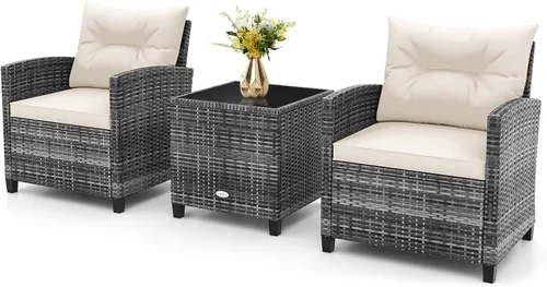 Miniatura 24 de RELAX4LIFE Juego de muebles de patio de 3 piezas, juego de conversación de mimbre con 2 sillones acolchados y mesa con tapa de cristal, juego