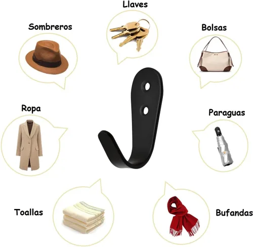 Miniatura 6 de Ganchos para colgar abrigos de pared, paquete de 6 perchas negras para chaquetas, de acero inoxidable, gancho de una sola puerta, resistente, gancho