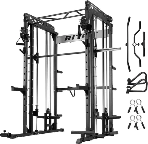 RitFit Máquina M1 Pro Smith con sistema de cruce de cables, jaula multifunción para sentadillas para gimnasio en casa, rack de energía y paquetes