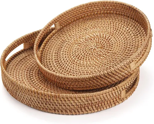 Miniatura 2 de Bandeja redonda de ratán para servir, bandeja otomana tejida decorativa con asas para mesa de café natural (pequeña 11.8 pulgadas x 2 pulgadas)