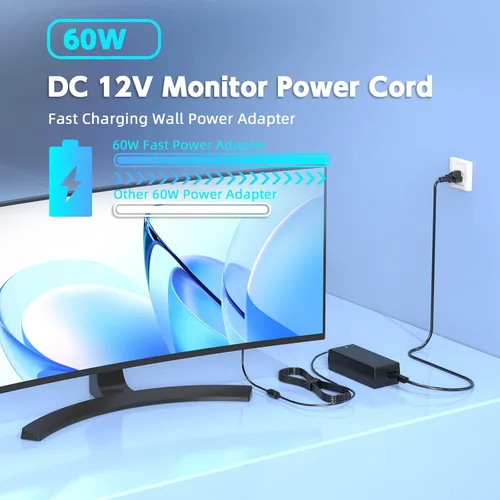 Miniatura 5 de Adaptador de corriente de CA de 60 W, 12 V y 5 A, compatible con monitor de la serie S, punta de 0.217 x 0.098 in, reemplazo de cable