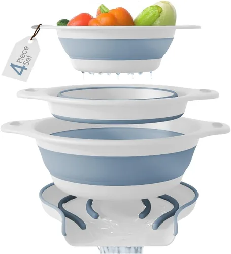 Miniatura 12 de Gevoli Coladores plegables (juego de 3) coladores de alimentos con base de drenaje de agua sobre el fregadero para pasta, frutas y verduras, Blanco