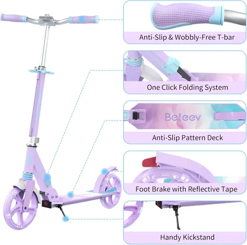 Miniatura 6 de BELEEV V8 Scooters para niños a partir de 6 años con cubierta iluminada, scooter plegable de 2 ruedas para adultos y adolescentes, 4 de altura