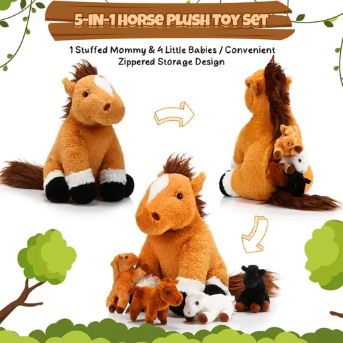 Miniatura 3 de Lenwen 5 piezas de animales de peluche de caballo de 18 pulgadas grande mamá caballo de peluche con 4 bebés en cremallera para nutrir el vientre
