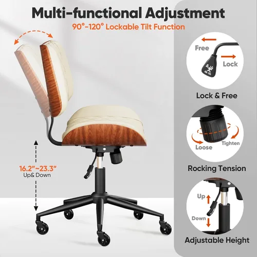 Miniatura 6 de Home Office Desk Chair with Swivel Wheels, Mid-Century Modern PU Leather Armless Office Chair, Small Mid Back Computer Chair for Home Office