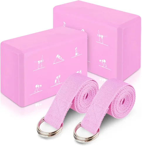 RETON Juego de 2 bloques de yoga con correa, bloque de yoga rosa de alta densidad, bloques de espuma EVA ligeros, bloques de yoga, pilates, ladrillo