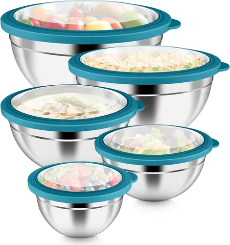 Miniatura 12 de P&P CHEF Juego de 5 cuencos para mezclar con tapas herméticas, 10 piezas de acero inoxidable, cuenco de metal con tapa para preparación y Varios