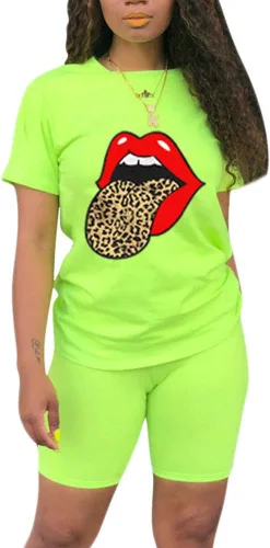 Conjunto deportivo de 2 piezas para mujer, conjunto deportivo con lentejuelas y labios y estampado de mariposas y pantalones cortos con bolsillo