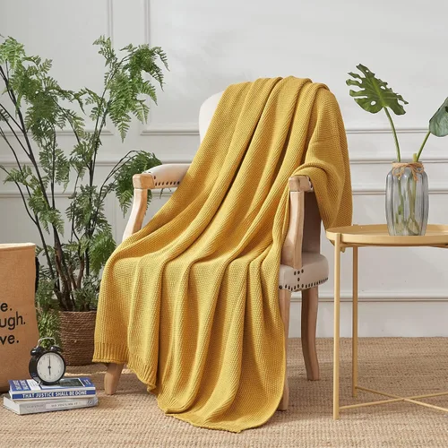 Miniatura 6 de Longhui bedding - Manta de punto trenzado de algodón amarillo mostaza para sofá cama, mantas de punto ligeras decorativas para el hogar con bolsa