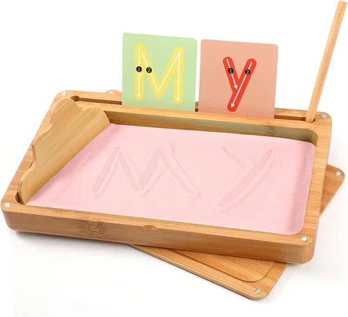 AtMini Montessori Bandeja de arena con tapa, bandejas de arena de madera para niños que escriben letras y números, imprescindibles para el aula Rosa