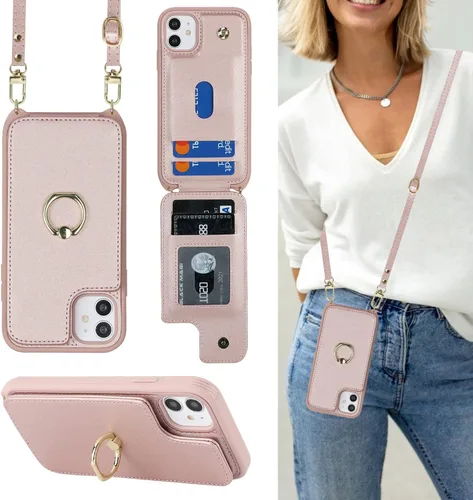 Miniatura 32 de Lipvina para iPhone 11 Pro Funda para teléfono con tarjetero y correa para mujeres, cordón cruzado, soporte de anillo con patas, cierre de presión