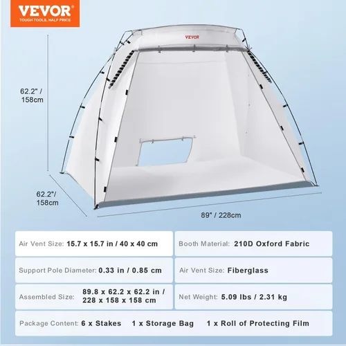 Miniatura 8 de VEVOR Cabina de Pintura Portátil, Carpa de Pintura en Aerosol Más Grande con Piso Integrado y Malla y Ganchos a Prueba de Viento, Estación de Carpa