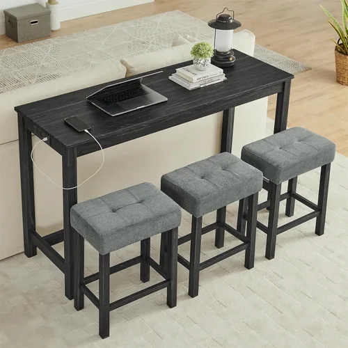 Miniatura 23 de Juego de mesa de bar industrial de 59" de 4 piezas con toma de corriente incorporada, mesa de sofá detrás del sofá con 3 taburetes tapizados