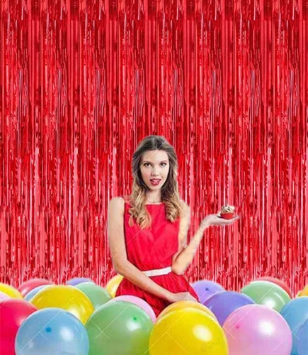Miniatura 4 de 2 piezas de cortinas de flecos de papel de oropel metálico rojo brillante de 3.2 x 8.2 pies, telón de fondo para cabina de fotos para cumpleaños