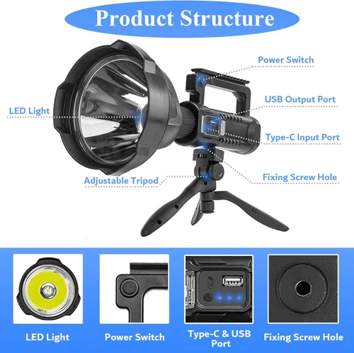 Miniatura 6 de Foco Recargable, 2,000,000L Lúmenes Altos, Luces LED de Punto para Exteriores Portátiles Súper Brillantes de Largo Alcance, Linterna Potente con 4