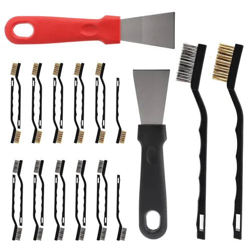 24 cepillos de alambre para raspar con 2 raspadores, mango curvado de acero inoxidable y cepillos de alambre de latón para limpiar escoria de