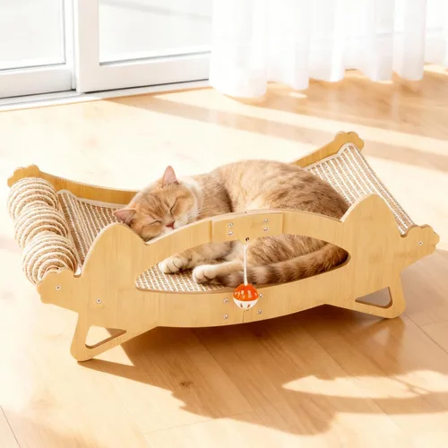 TIMIEEYA Cama rascador para gatos, almohadilla rascador 3 en 1 para gatos con hamaca y bola, sisal natural con marco de madera maciza, poste