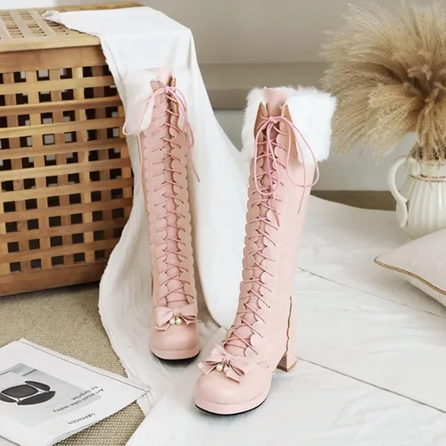 Miniatura 3 de Botas altas hasta la rodilla con plataforma para mujer, con lazo de invierno, con cremallera, botines largos Kawaii