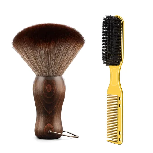 Cepillo de plumero de cuello de peluquero Mango de madera con gancho para corte de cabello... (cepillo de cuello+cepillo de peine dorado)