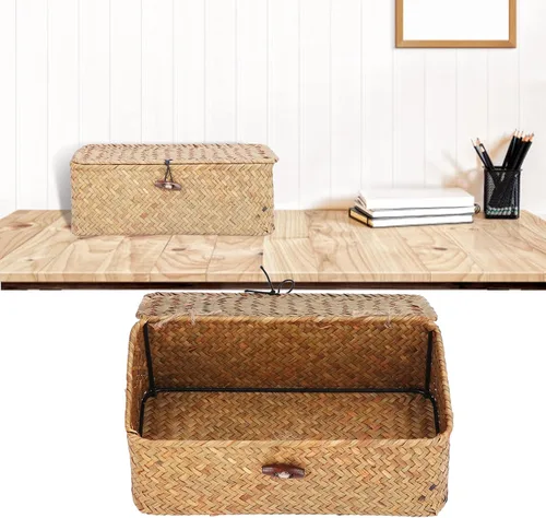 Miniatura 6 de Cesta de almacenamiento de hierba marina natural, cesta rectangular tejida de ratán natural con tapas, organizador de escritorio, cesta decorativa