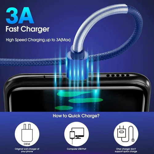 Miniatura 3 de Paquete de 3 unidades de 6 pies [1.82 m] Cable de carga compatible con Samsung Galaxy S9, S10, S8 Plus (3 A, carga rápida), cable TPE USB C, USB A