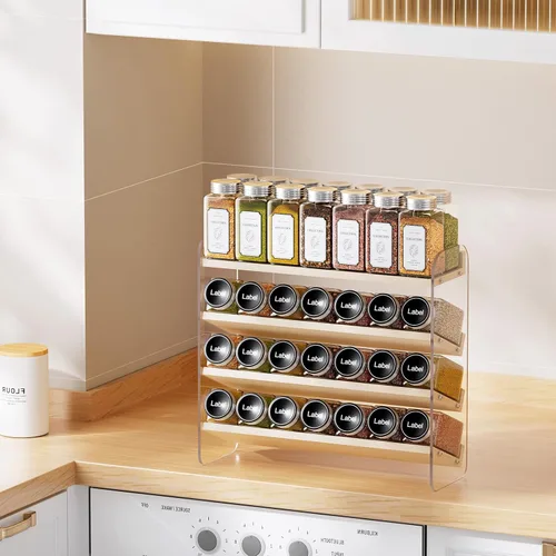 Miniatura 2 de MUDEELA Organizador de especias transparente para gabinete, estante vertical de 4 niveles, organizador de condimentos de madera para encimera