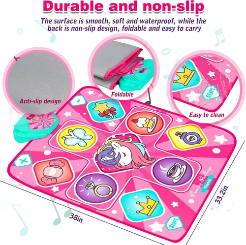 Miniatura 3 de Kusntin Tapete de baile, mezclador de ritmo, tapete de baile rosa con luces LED, volumen ajustable, música incorporada, 5 modos de juego, regalos