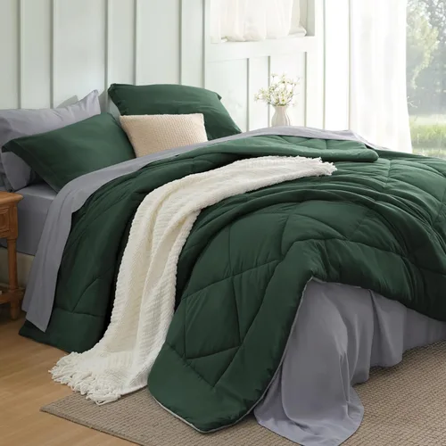 Bedsure Juego de edredón tamaño King – Ropa de cama reversible de 7 piezas verde bosque, juego de cama tamaño King para todas las estaciones, cama