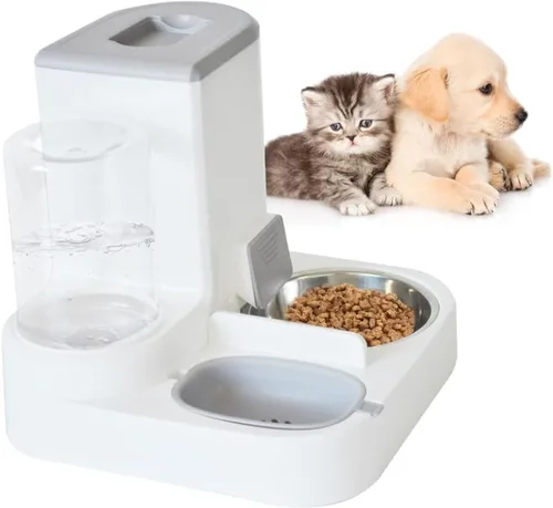 Juego de dispensador automático de comida y agua para gatos, 2 en 1, comedero de gravedad todo en uno con tazón de comida para gatos de acero 【Gris】