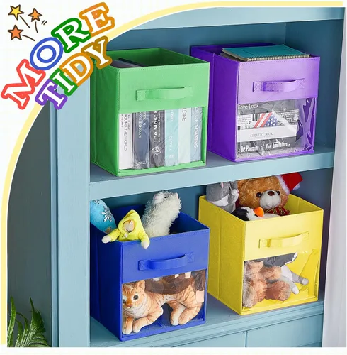Miniatura 5 de Marsui 12 unidades de cubos transparentes de almacenamiento plegables negros para niños, organizador de aula de tela con ventana para sala