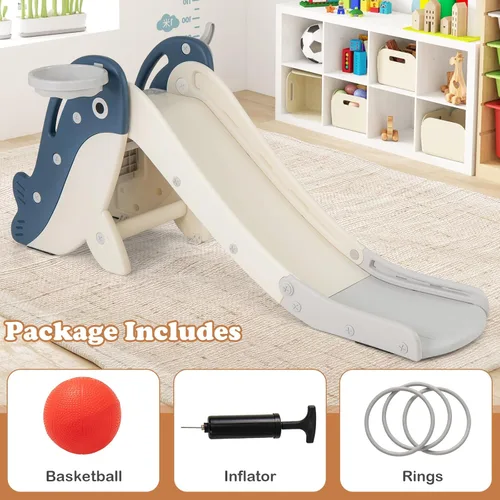 Miniatura 6 de BABY JOY Tobogán plegable para niños pequeños, juego independiente de escalador para bebés con aro de baloncesto, juego de tobogán para niños