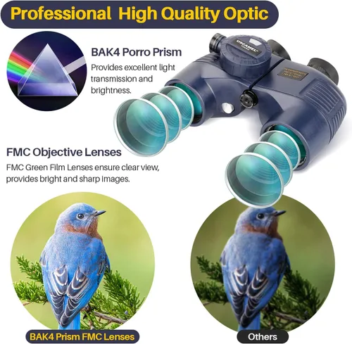 Miniatura 3 de USCAMEL Binoculares marinos de 10 x 50 para adultos, binoculares impermeables con adaptador de trípode, brújula de telémetro, lente FMC prisma BAK4
