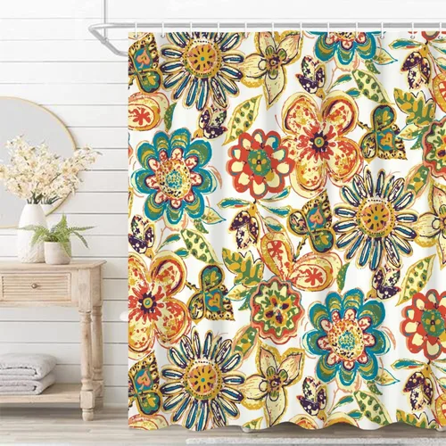 Cortina de ducha floral bohemia para baño - cortina de ducha retro, funky, bohemia, con flores coloridas, impermeable, duradera, de tela artística