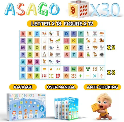 Miniatura 7 de Bloques magnéticos Asago ABC 123 Alfabeto colorido impreso, bloques de construcción para niños pequeños de 1 a 3 años, cubos magnéticos juguetes