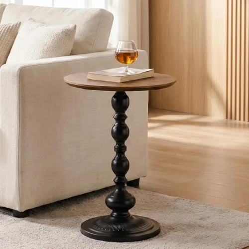 Framhose - Mesa auxiliar redonda, mesa auxiliar pequeña con parte superior de madera y base negra, mesa de pedestal para sala de estar, esquinas,