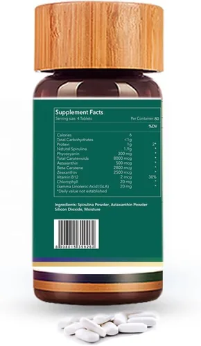 Miniatura 2 de Biogetica Píldoras orgánicas de espiruliva con astaxantina, sin OMG, ricas en proteínas veganas, vitaminas y prebióticos, suplemento de ayurveda