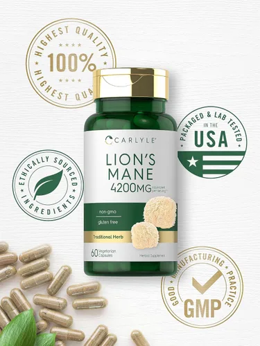 Miniatura 5 de Carlyle Lions Mane - Cápsulas de hongos 60 unidades Fórmula corporal fructífera con extracto de pimienta negra Suplemento vegetariano, sin