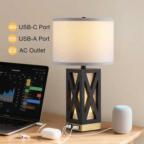 Miniatura 4 de Lámpara de mesa de madera con 3 temperaturas de color, lámpara de mesa de noche con salida de CA, puerto de carga USB A y C, lámpara de noche