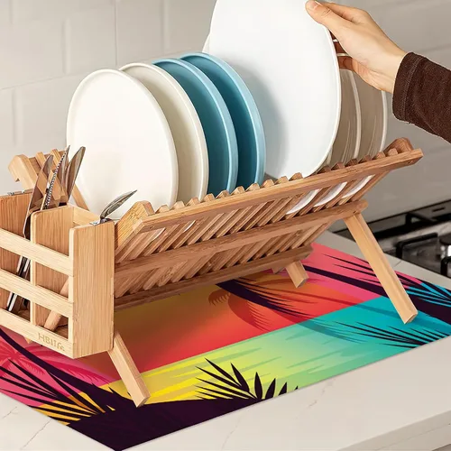 Miniatura 7 de Tapete de secado de platos para encimera de cocina, almohadilla de secado de platos de palmeras tropicales, protector de microfibra reversible