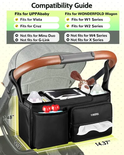 Miniatura 2 de YOREPEK Organizador de cochecito espacioso para UPPAbaby Vista/Minu/Cruz, organizador ajustable con 2 portavasos aislados, bolsa de cochecito fácil